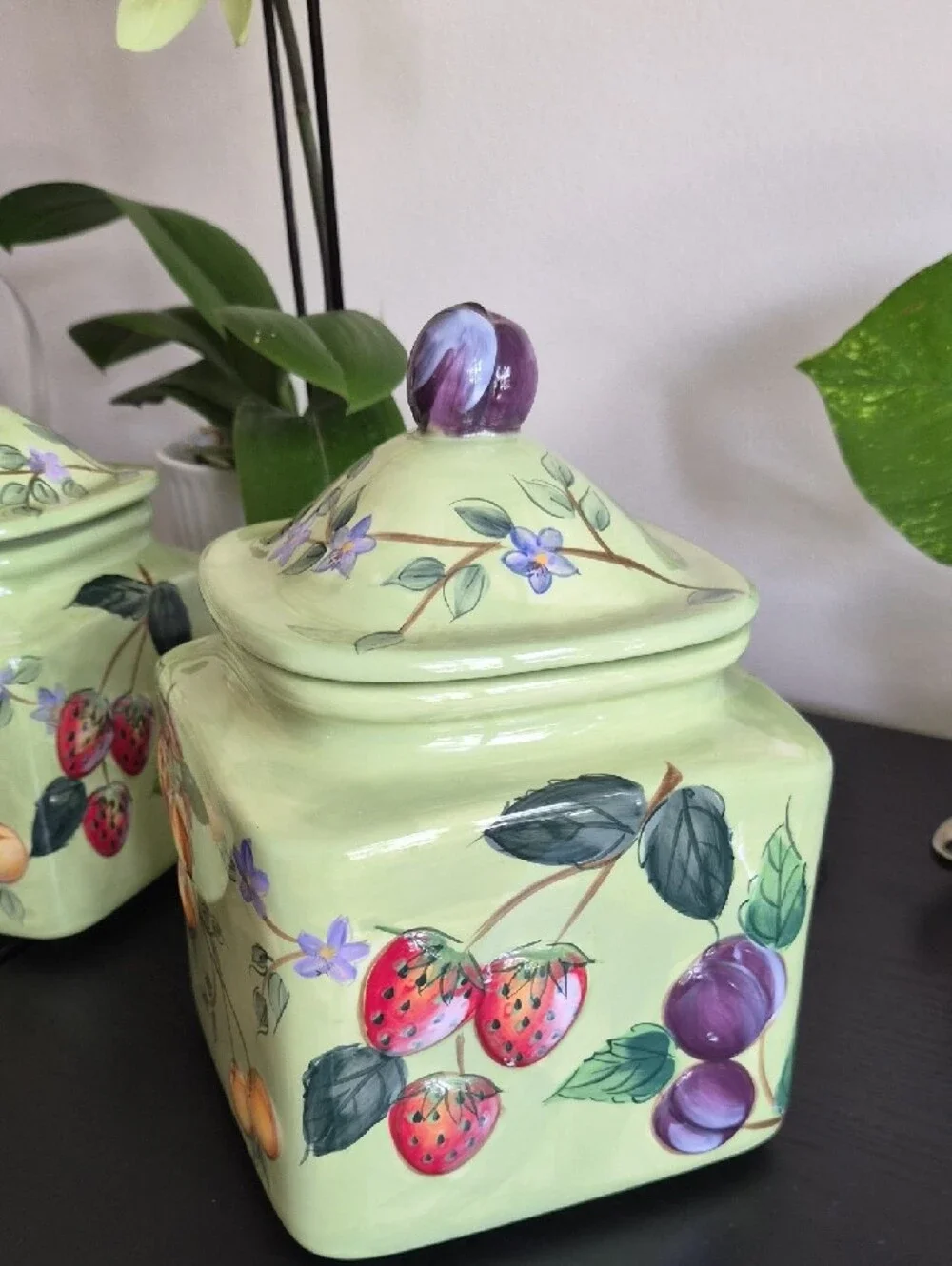 Vintage Hand-Painted Green Fruit Ceramic Canister Set Of 3